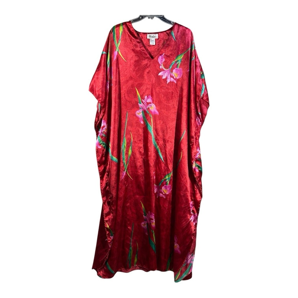 Vintage Winlar Kaftan Dress Womens One Size MuuMuu Tropical Red Floral